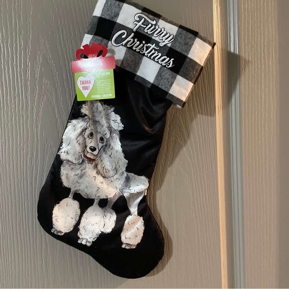 Christmas Stocking "Furry Christmas "Black & White Checkered Poodle 17". Aspca